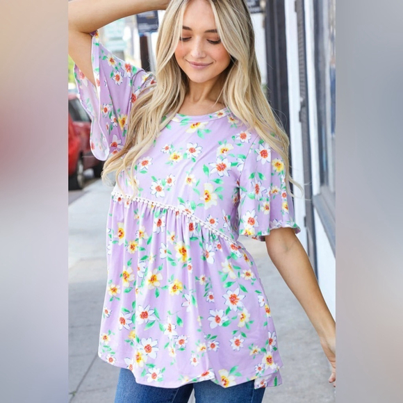 Haptics Tops - Dreamy Lilac Crochet Lace Babydoll Peplum Top - Cottagecore Meets Y2K